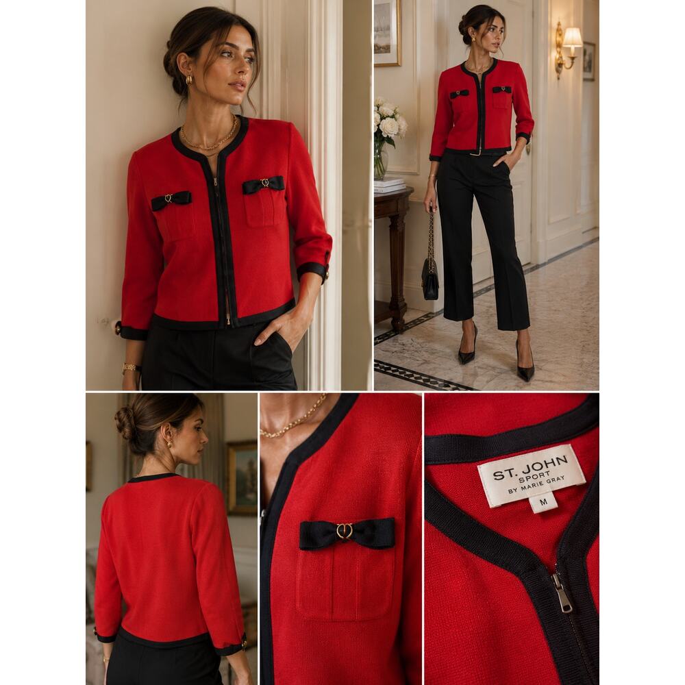 St. John Sport Red Zip Front Jacket Black Trim Bow Detail Womens M